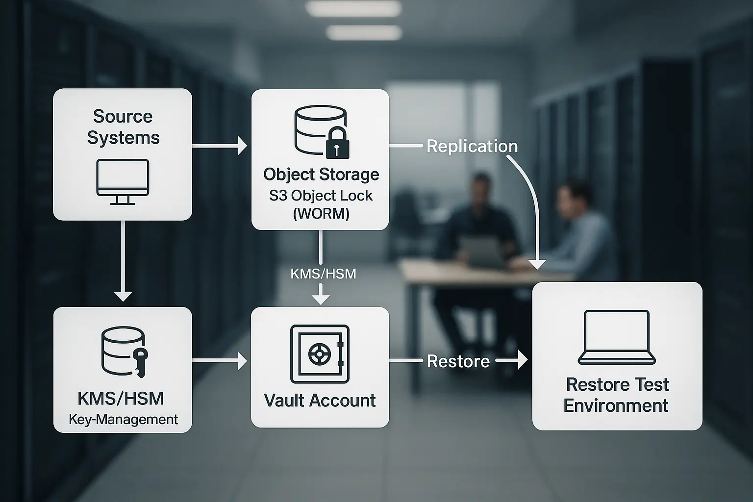 Architekturdiagramm einer Cloud-Backup-Pipeline mit S3 Object Lock, KMS/HSM und separatem Vault-Replication-Flow