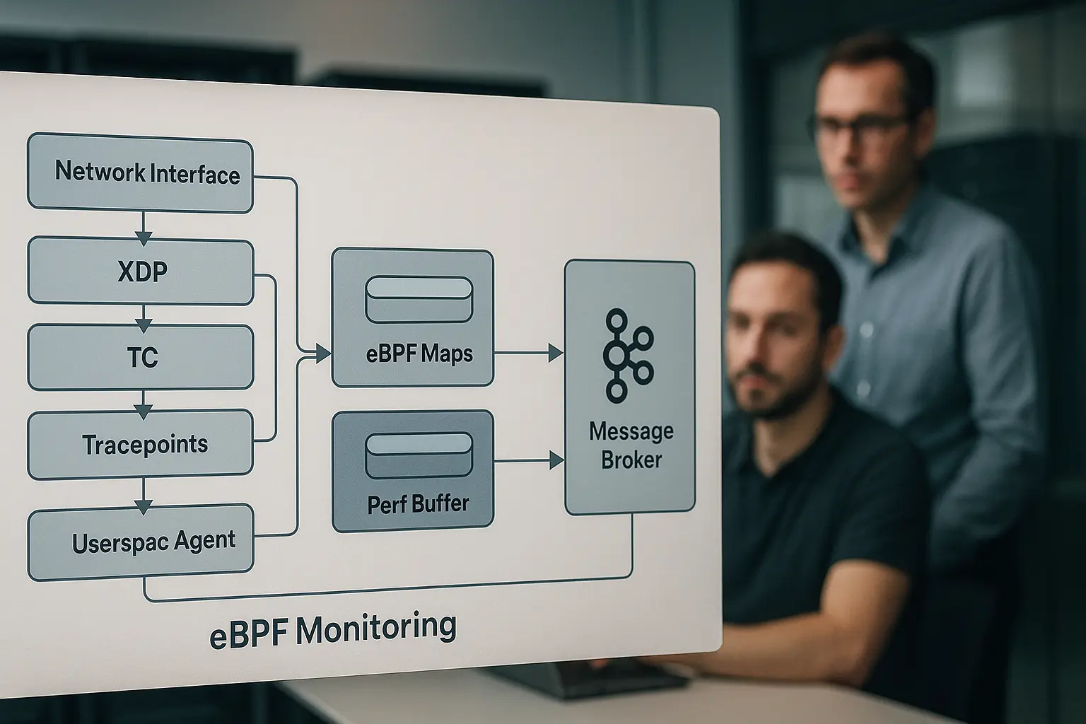Architekturdiagramm eines eBPF‑Monitoring‑Stacks mit Kernel‑Hooks (XDP/TC), gepinnten eBPF‑Maps, Userspace‑Agent und...