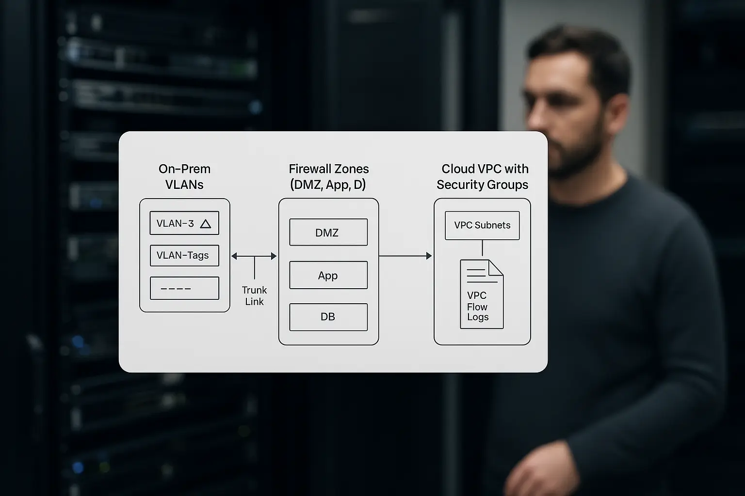Architekturdiagramm mit VLANs, Firewall‑Zonen und Cloud Security Groups zur Netzwerksegmentierung