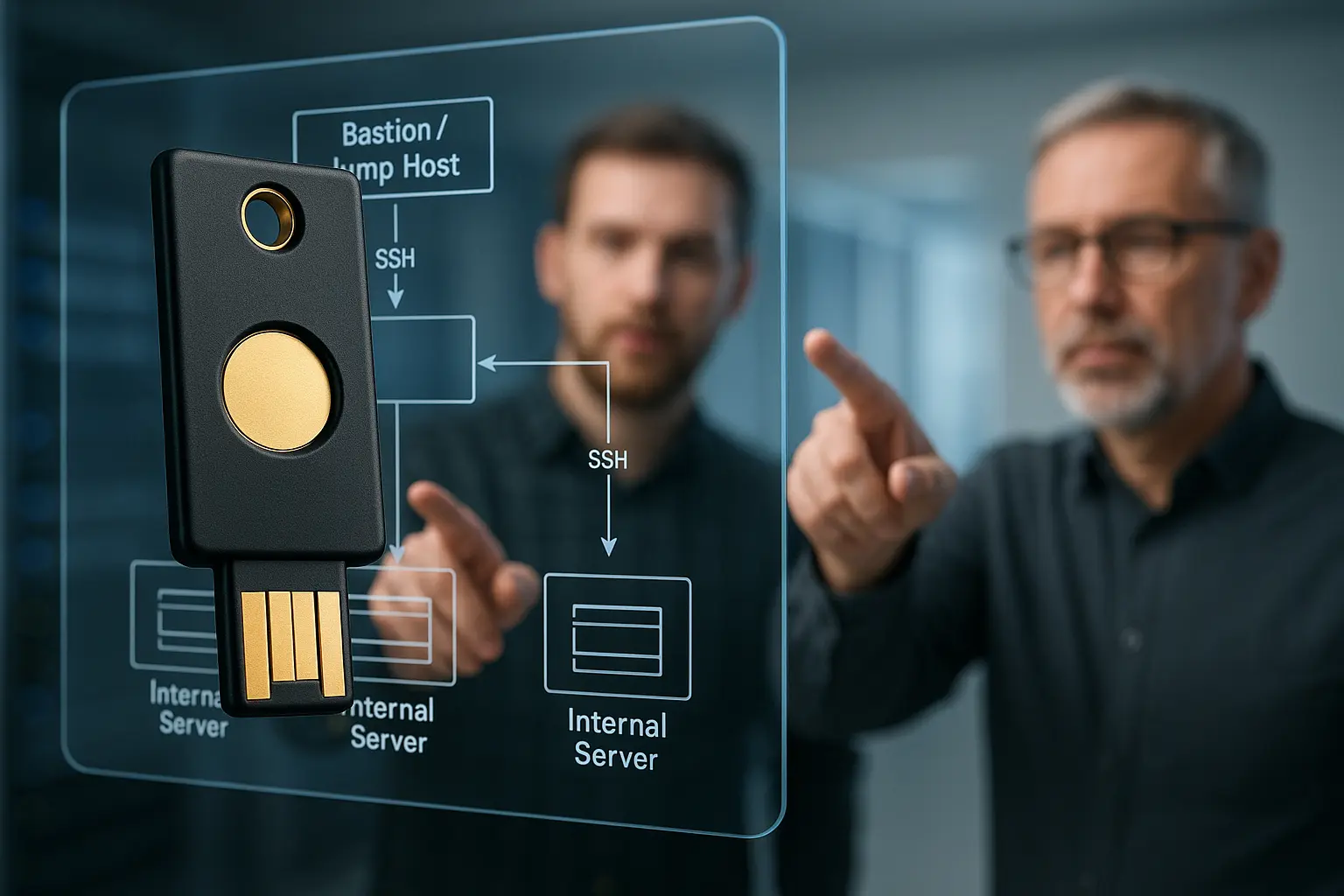 FIDO2‑Security‑Token vor schematischem Architekturdiagramm mit Bastion‑Host und SSH‑Verbindungen