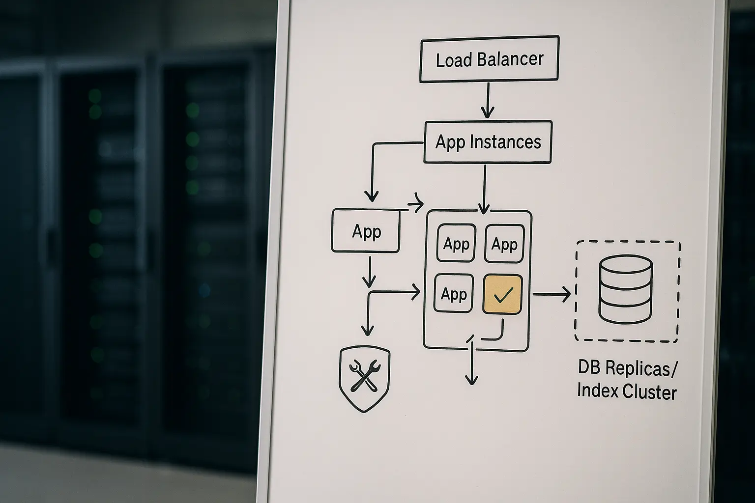 Architekturdiagramm mit Load Balancer, App-Pool, Canary-Instanz und DB-Replica zeigt Rolling- und Canary-Topologie
