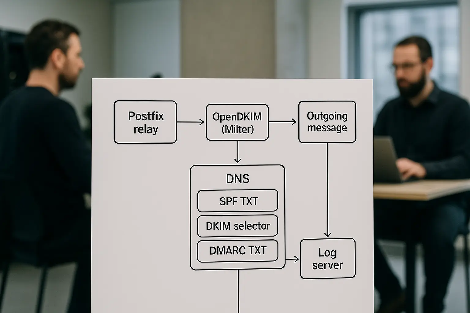 Architekturdiagramm: Postfix‑Relay mit OpenDKIM‑Signing, DNS‑SPF/DKIM‑Records und DMARC‑Reportingpfad