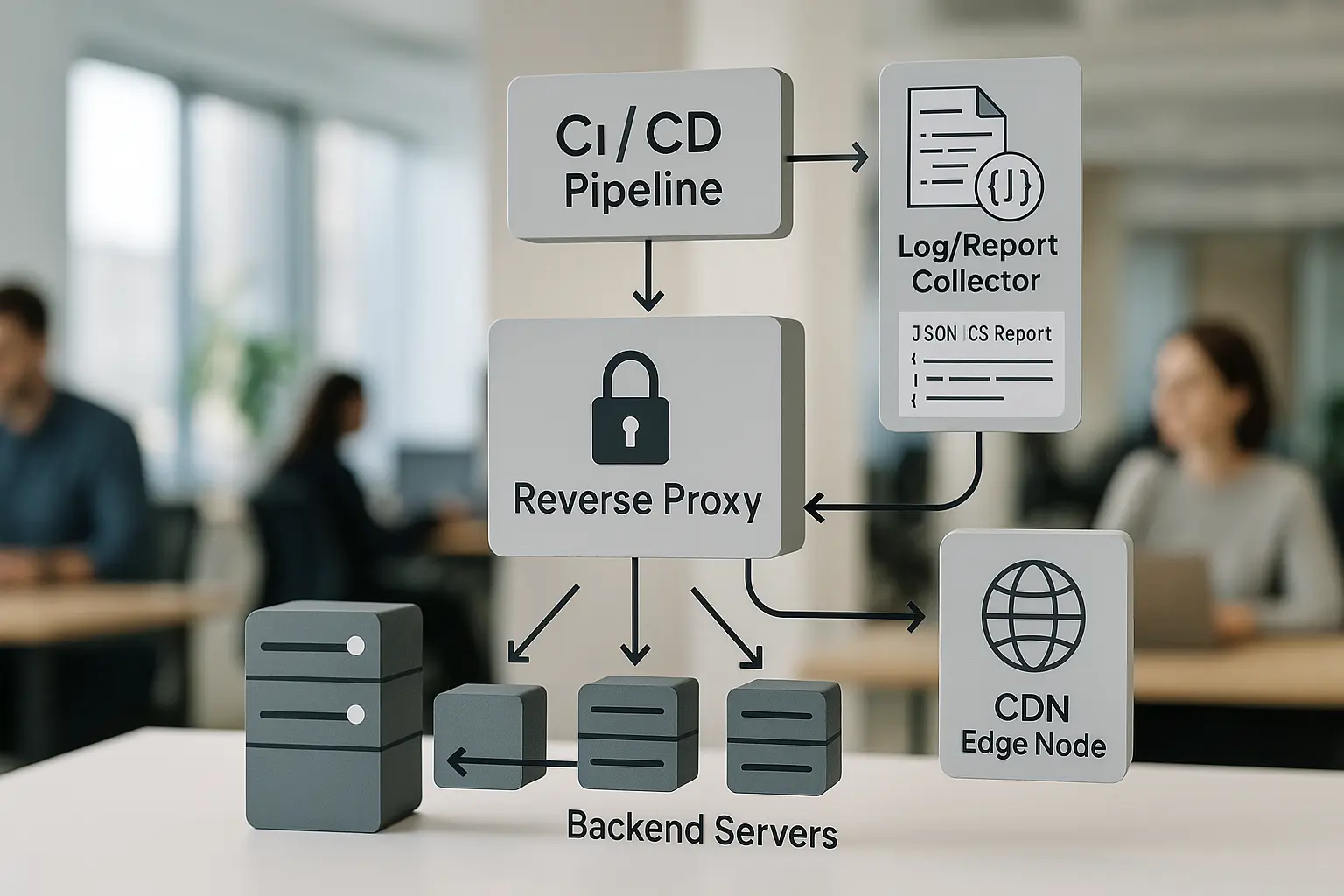 Architekturdiagramm: Reverse‑Proxy injiziert HTTP Security Headers und CSP, CDN‑Edge, Backend‑Cluster und CI/Testpipeline