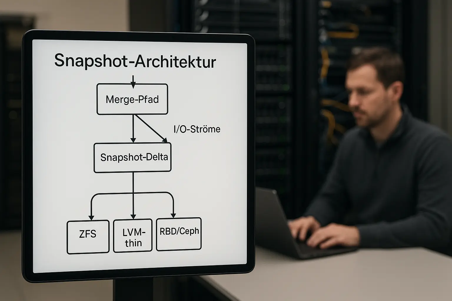 Technisches Diagramm der Snapshot‑Architektur mit Basis, Delta und Merge vor einem Serverrack