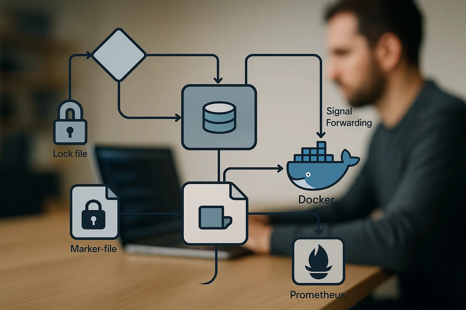 Ablaufdiagramm für Fehlerhandling, Locking und Cleanup in Bash-Skripten vor unscharfem Terminal