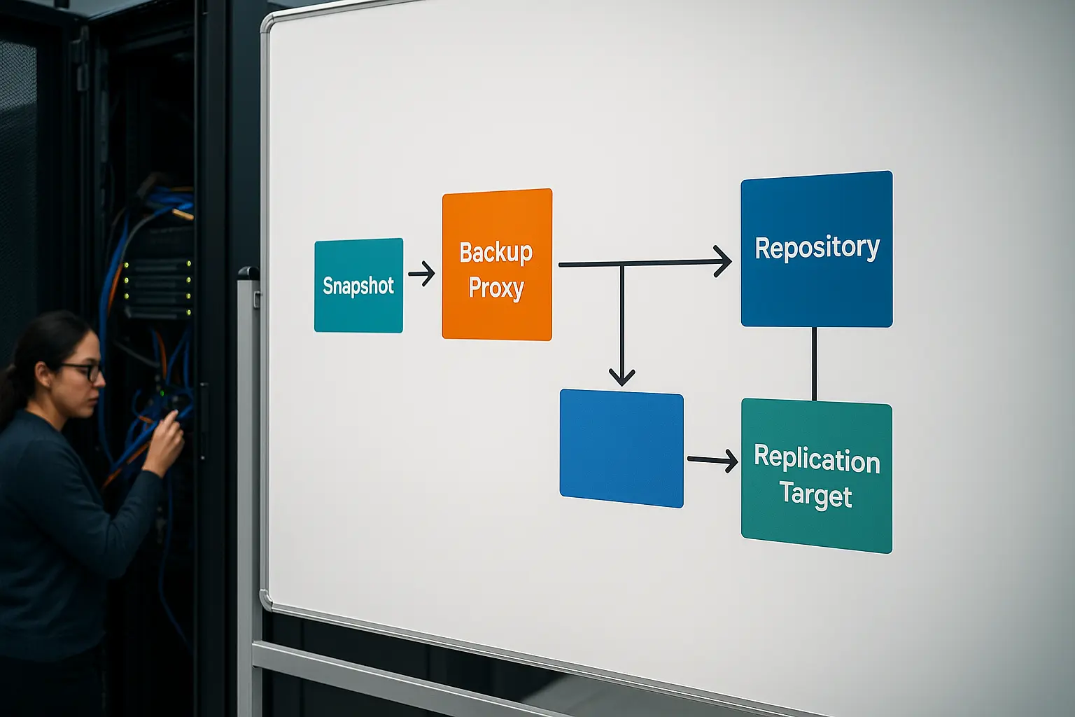 Architekturdiagramm für VMware-Backup mit Snapshot, Backup-Proxy, Repository und Replikationsziel im IT-Betriebskontext