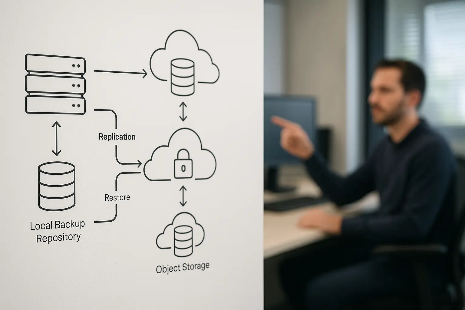 Architekturdiagramm für Hybrid-Cloud-Backups mit Replikation in zwei Objektstorage-Clouds und Restore-Pfad