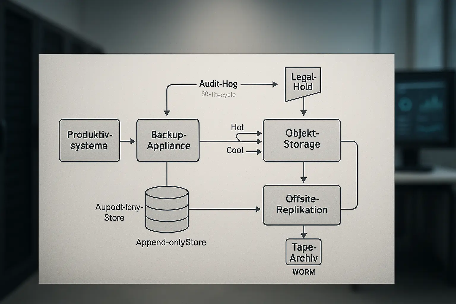 Technisches Diagramm des Backup-Lifecycle mit S3-Lifecycle, Offsite-Replikation und Tape-WORM