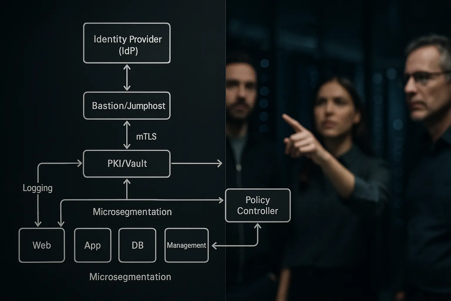 Architekturdiagramm: Zero-Trust-Rechenzentrum mit Identity Provider, Bastion, Microsegmentation und zentralem Logging