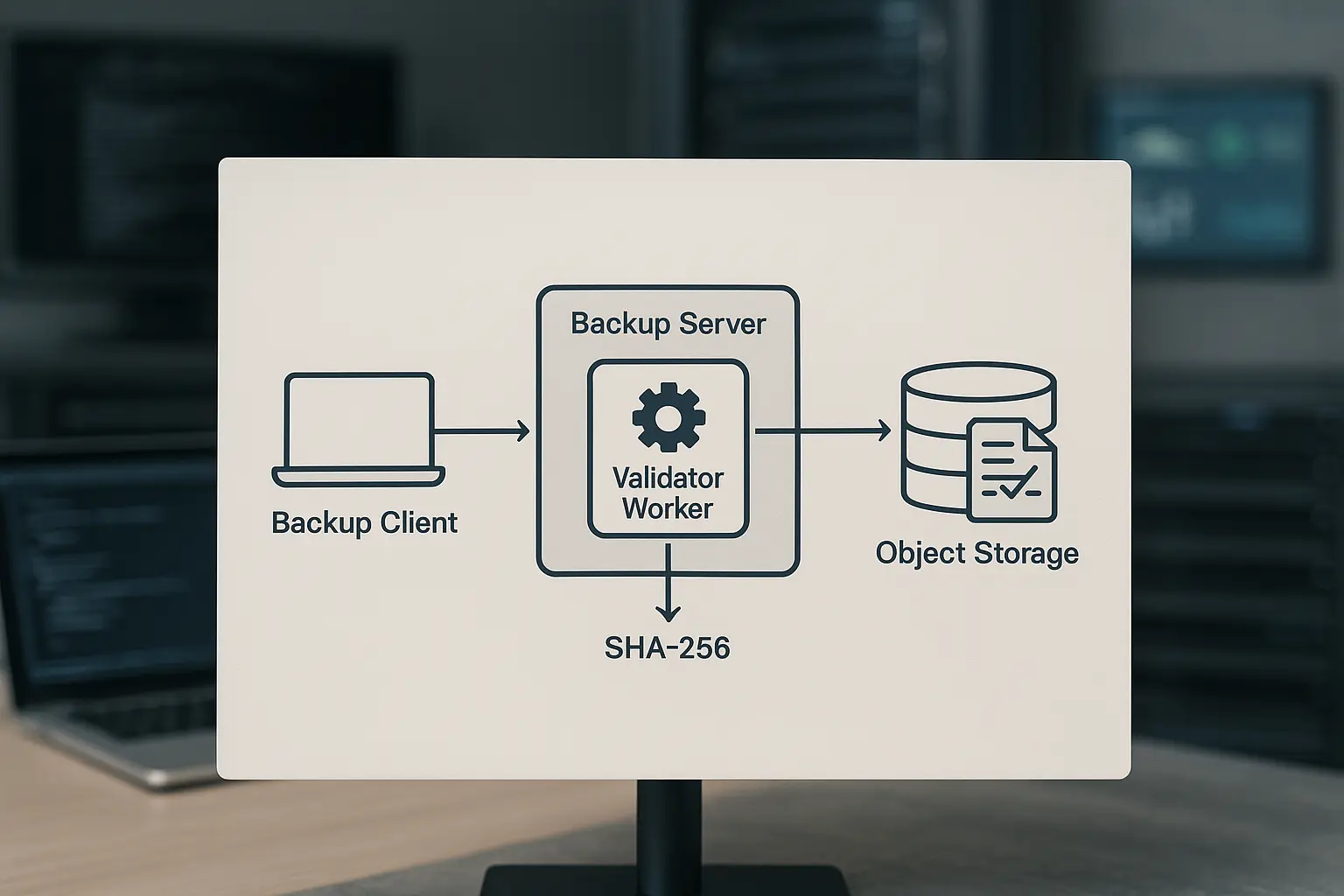 Architekturdiagramm eines Backup-Workflows mit automatischer SHA‑256-Prüfsummen-Validation und Alert-Pipeline