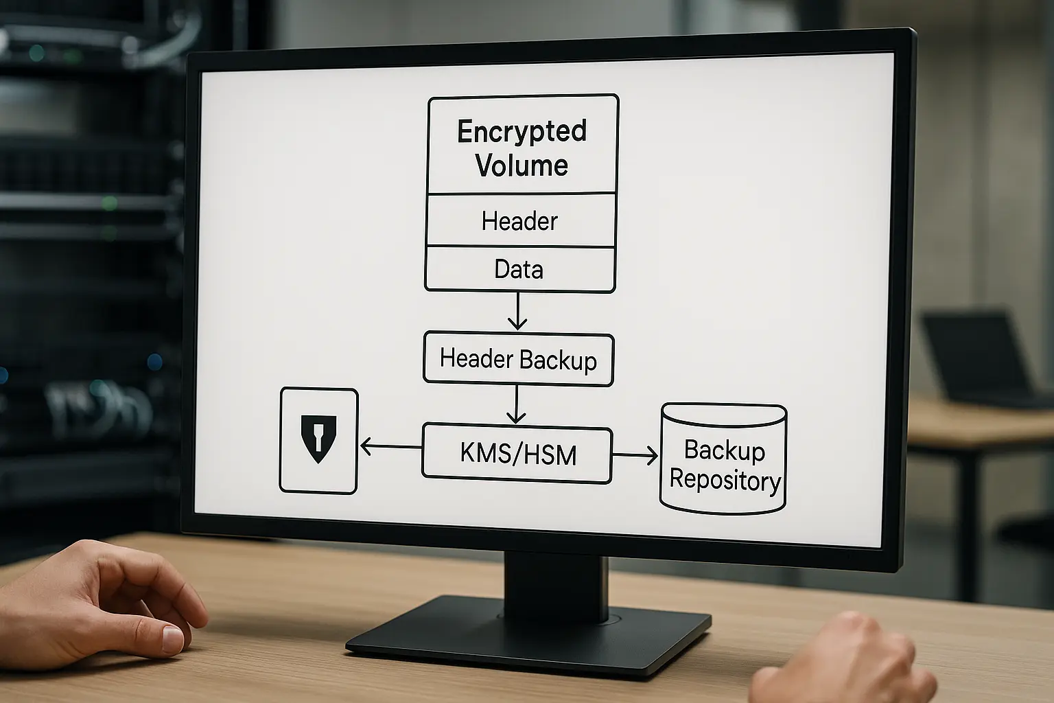 Architekturdiagramm: verschlüsseltes Laufwerk mit gesichertem Header, Key-Repository (Vault/HSM) und Backup-Repository...