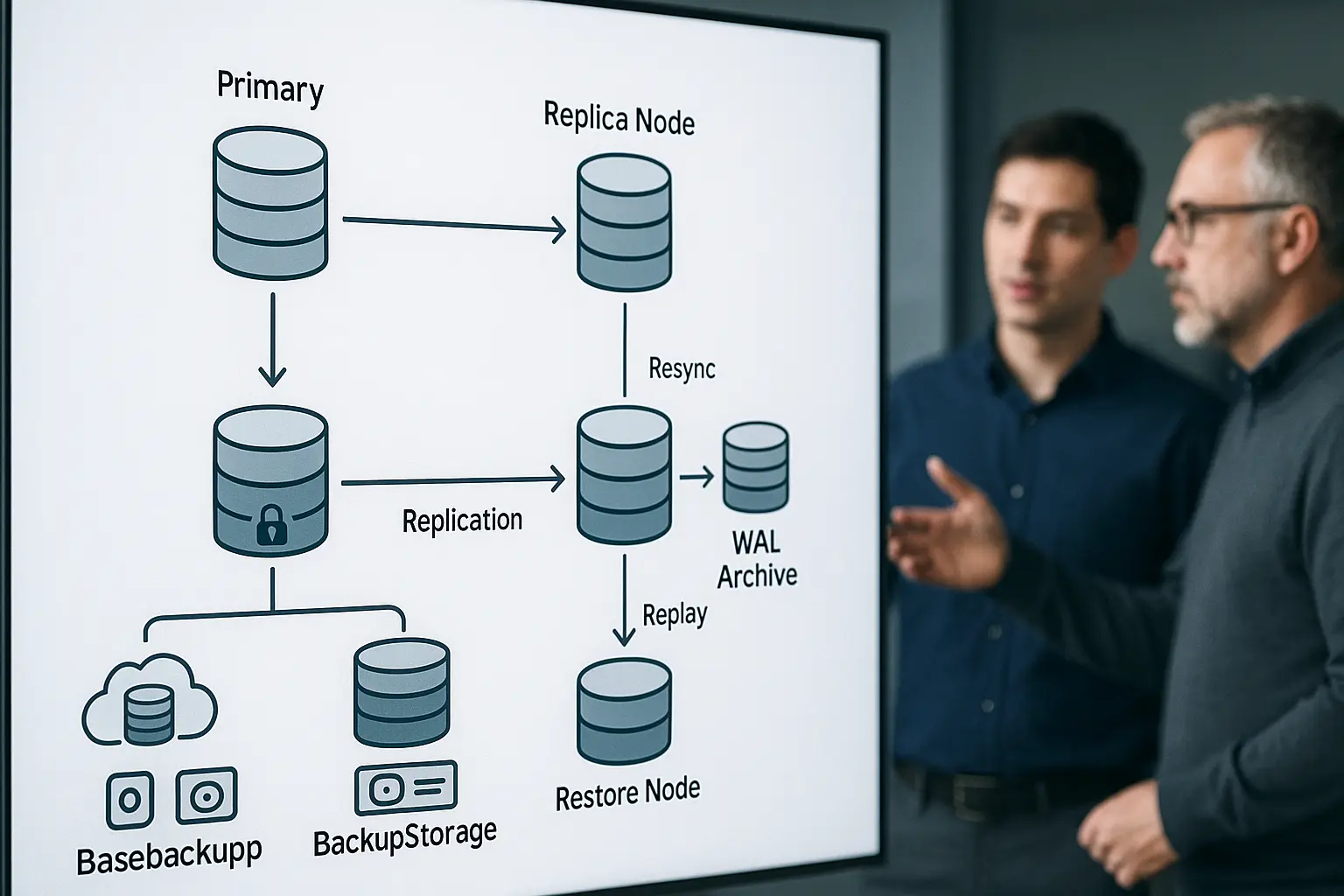 Architekturdiagramm eines Datenbank-Cluster-Recovery‑Flows mit Primary, Replikas und Backup-Storage