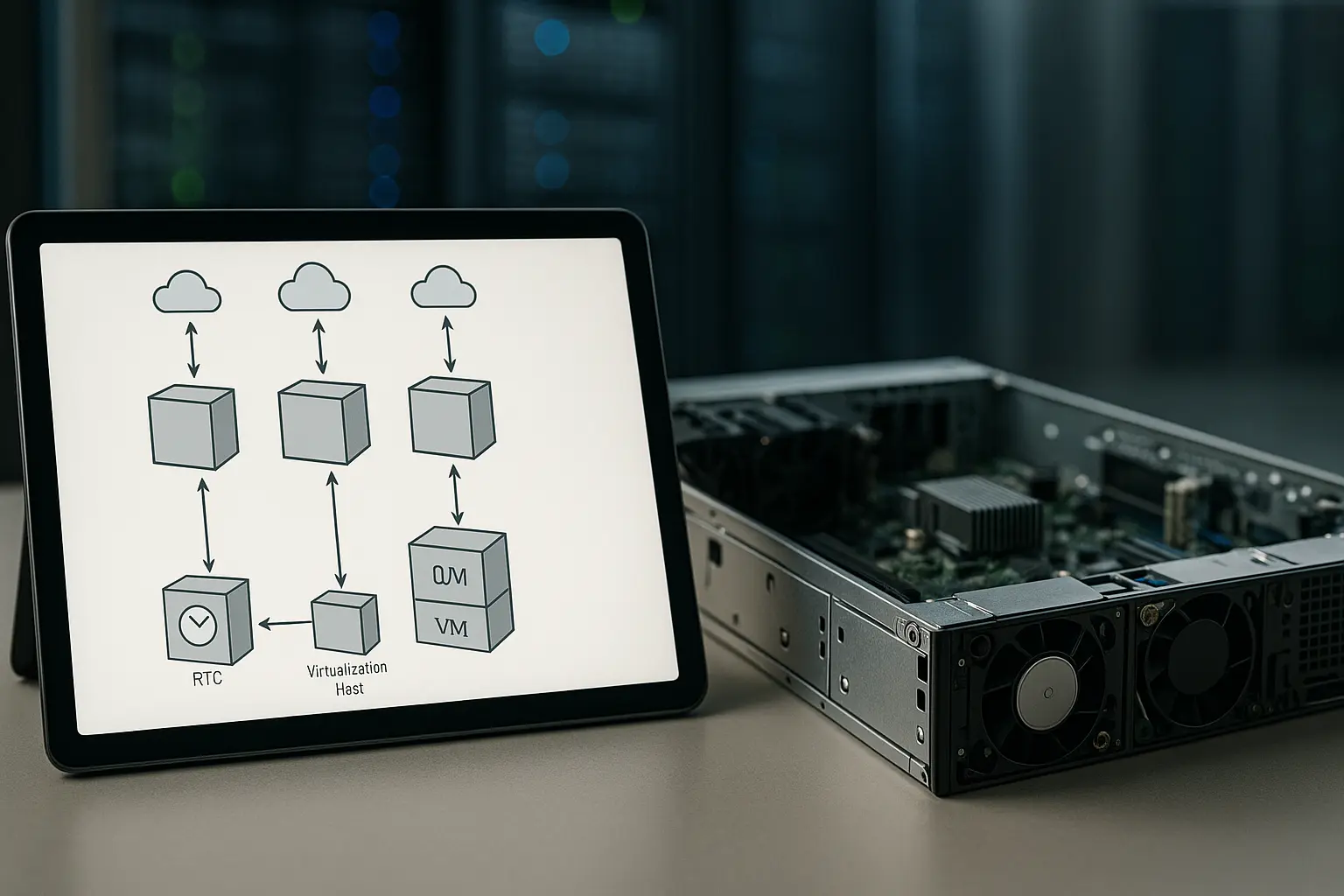 Diagramm zur Zeitsynchronisation mit NTP-Quellen, Chrony-Host und RTC-Hardware im Admin-Kontext
