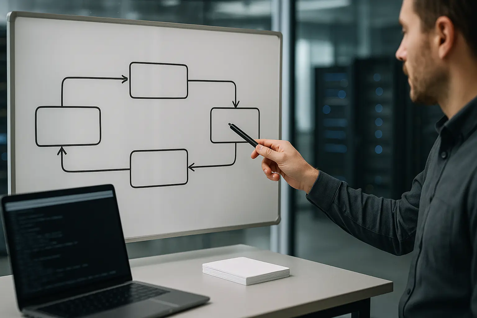 Systemdiagramm mit Deployment-Fluss für Ansible-Run, Handler-Ausführung und Rollback im IT-Betrieb