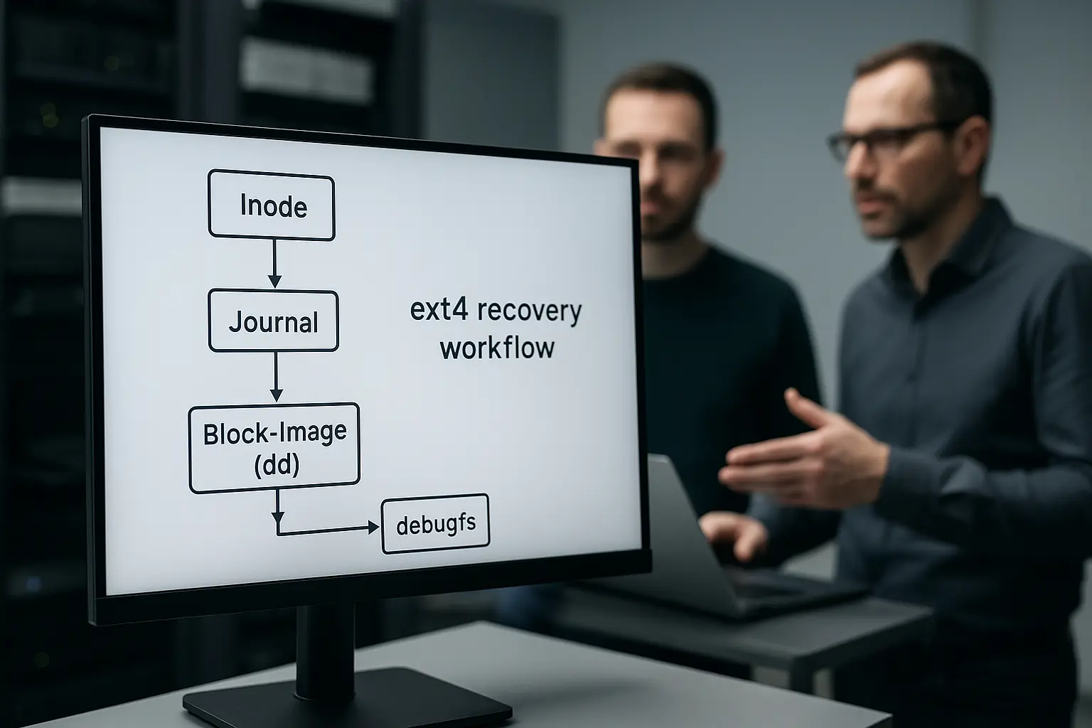 Diagramm des ext4-Recovery‑Workflows auf Monitor: Inode, Journal, Block‑Image, extundelete, debugfs