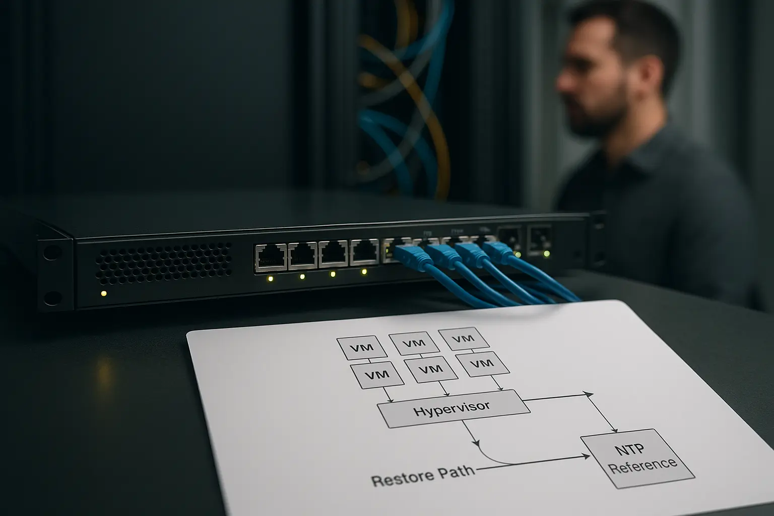 Rack-NTP-Appliance und Architekturdiagramm zur Validierung der Zeit nach VM‑Snapshot/Restore