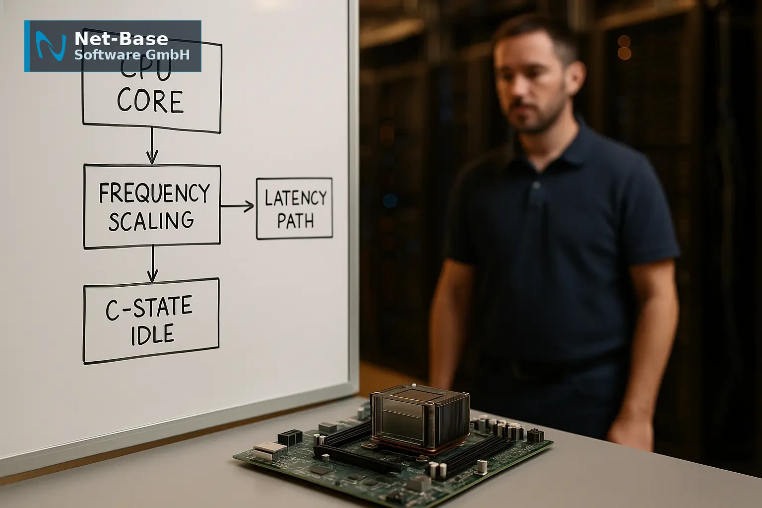 Admin analysiert CPU-C-States und Frequenzskalierung an Server-Hardware und Diagramm im Rechenzentrum