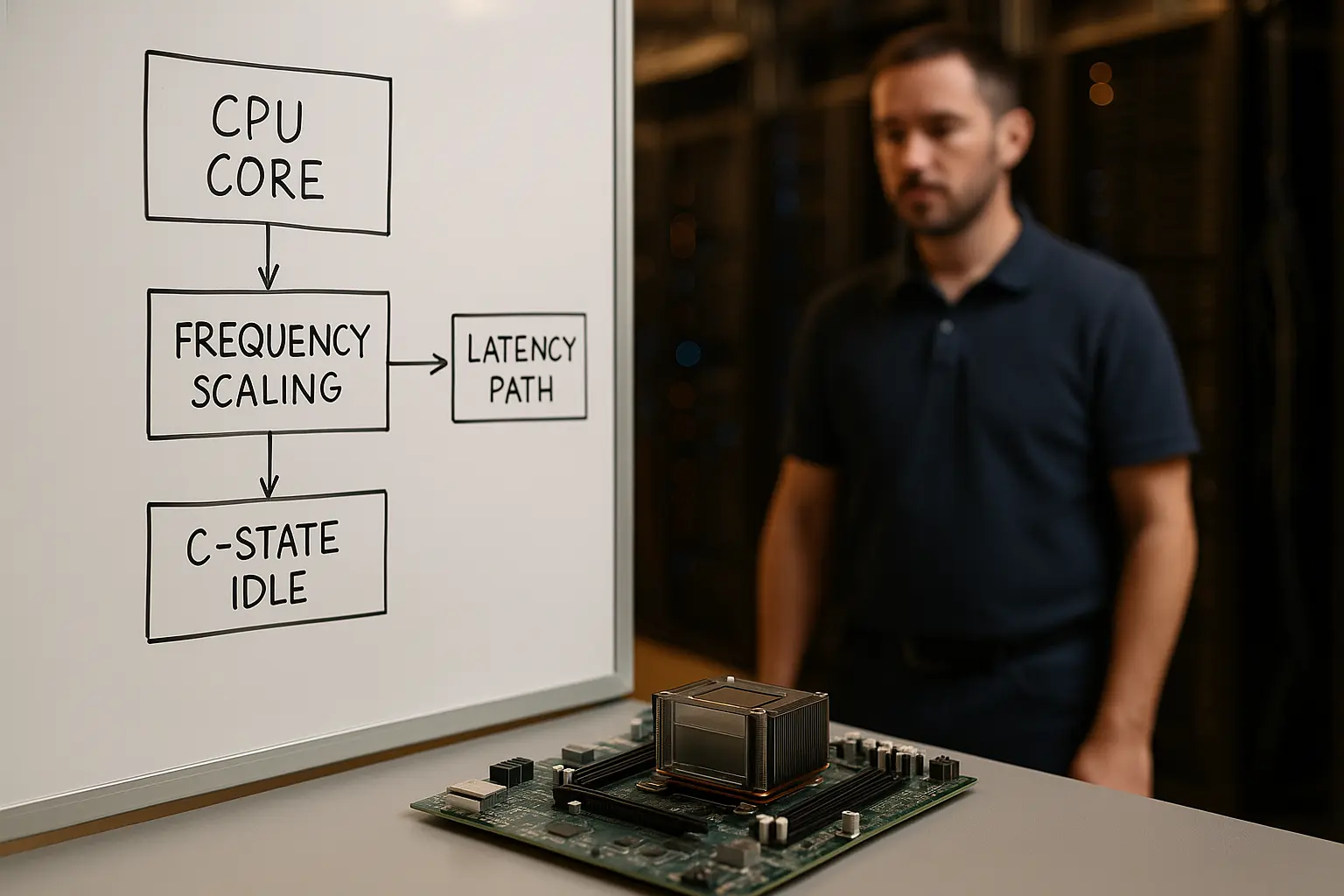 Admin analysiert CPU-C-States und Frequenzskalierung an Server-Hardware und Diagramm im Rechenzentrum