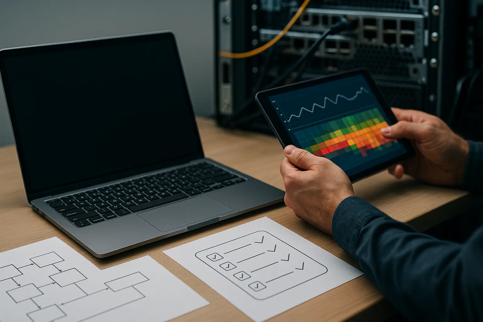 Operator prüft CI-Sicherheits-Scan-Ergebnisse neben einem Architekturdiagramm und Server-Hardware